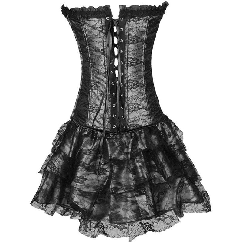 F3243-2 Black Women Layered Lace Up Bone Corsets Floral Corset Dress Women